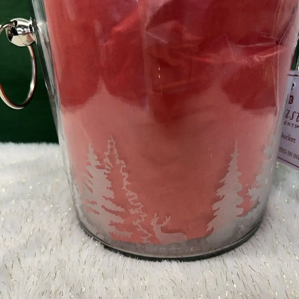 Ice Bucket Glass Etched Evergreen Trees‎ Christmas Trees Silver Handles 6” NEW